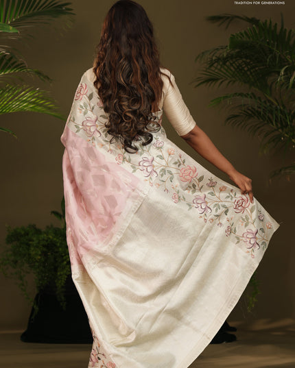 Pastel Pink Kanchipuram Silk Saree with floral Embroided Border