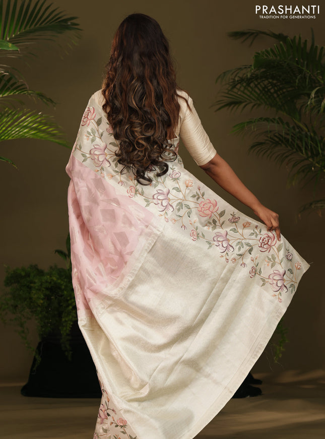 Pastel Pink Kanchipuram Silk Saree with floral Embroided Border