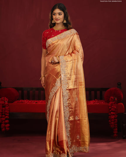 Gold & red Kanchipuram tissue Silk Saree with border Embroidery