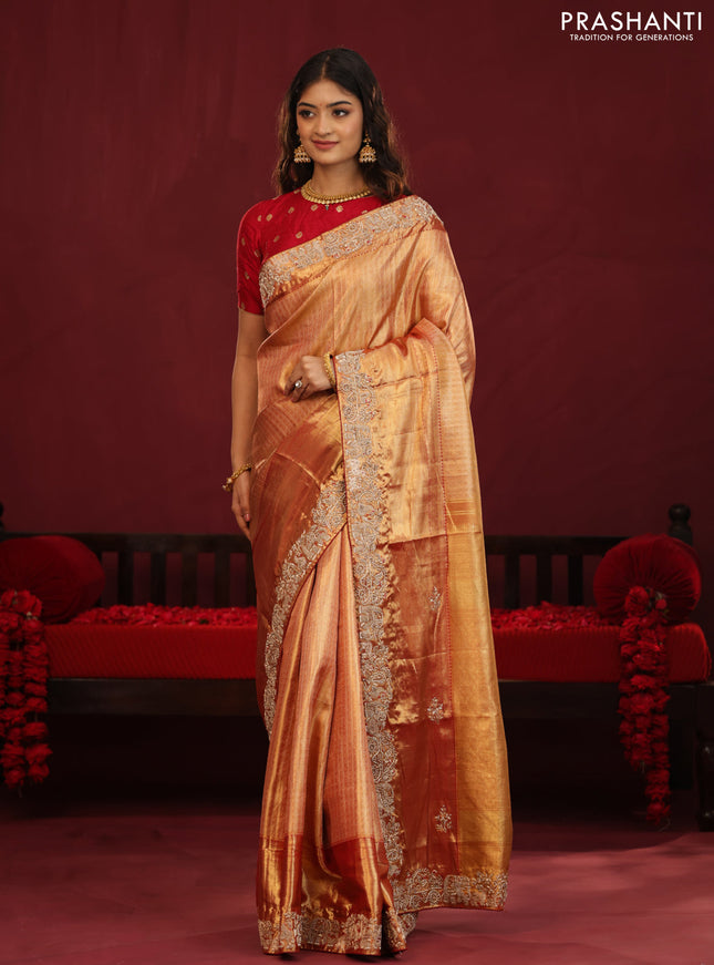 Gold & red Kanchipuram tissue Silk Saree with border Embroidery