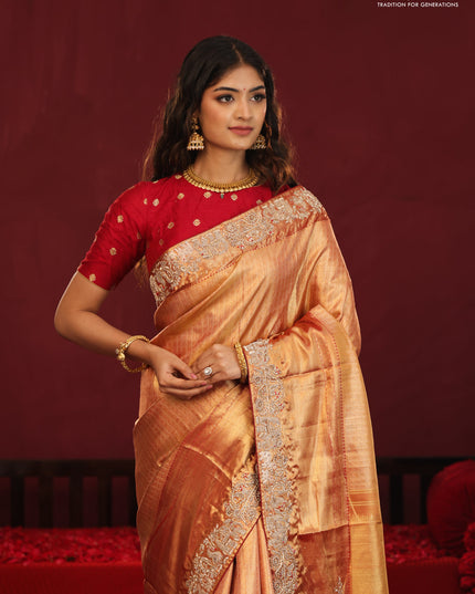 Gold & red Kanchipuram tissue Silk Saree with border Embroidery