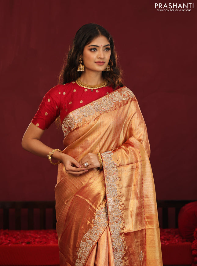 Gold & red Kanchipuram tissue Silk Saree with border Embroidery