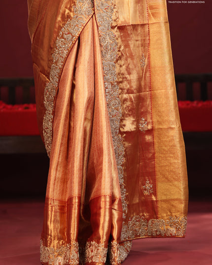 Gold & red Kanchipuram tissue Silk Saree with border Embroidery