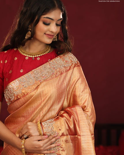 Gold & red Kanchipuram tissue Silk Saree with border Embroidery