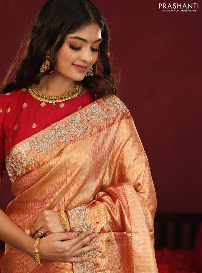 Gold & red Kanchipuram tissue Silk Saree with border Embroidery