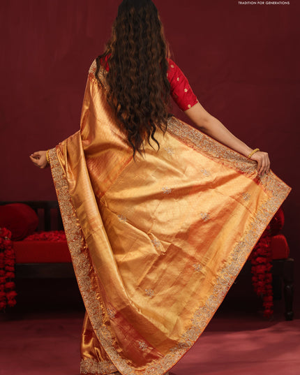 Gold & red Kanchipuram tissue Silk Saree with border Embroidery