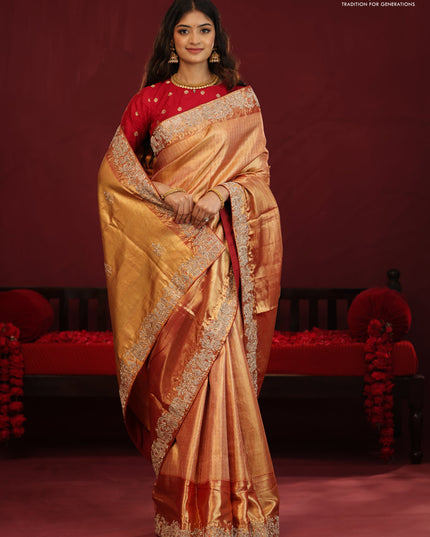 Gold & red Kanchipuram tissue Silk Saree with border Embroidery