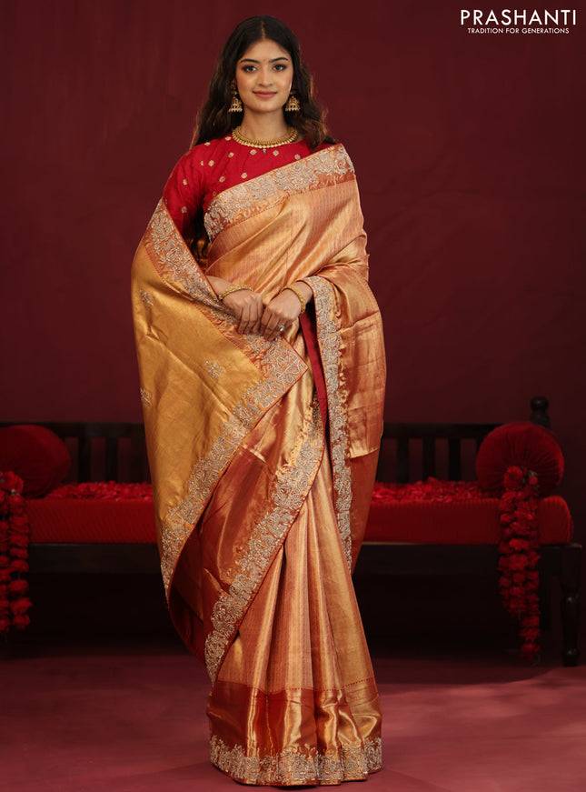 Gold & red Kanchipuram tissue Silk Saree with border Embroidery