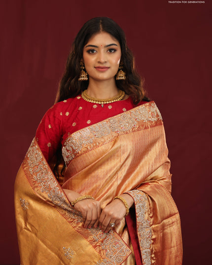 Gold & red Kanchipuram tissue Silk Saree with border Embroidery