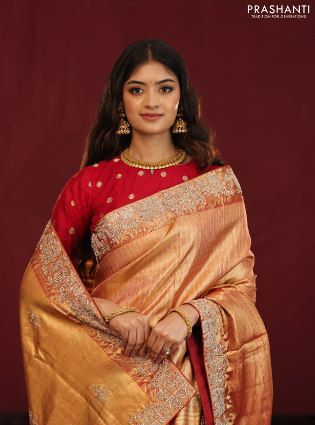 Gold & red Kanchipuram tissue Silk Saree with border Embroidery