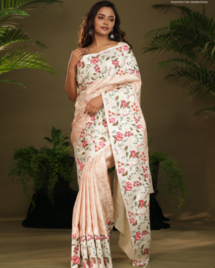 Peach Kanchipuram Silk saree with Floral Embroidery border