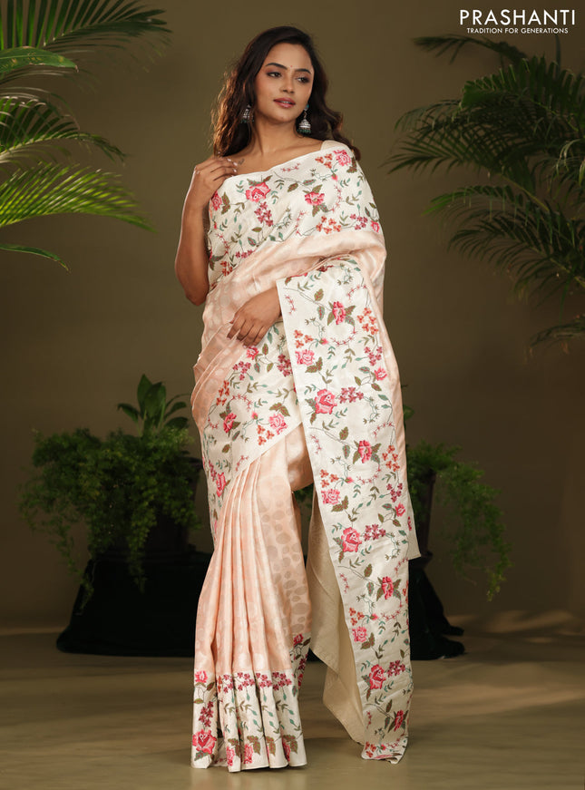 Peach Kanchipuram Silk saree with Floral Embroidery border