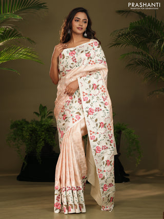 Peach Kanchipuram Silk saree with Floral Embroidery border