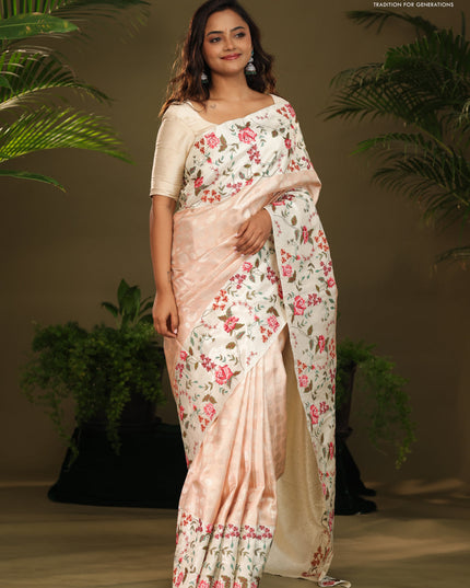 Peach Kanchipuram Silk saree with Floral Embroidery border