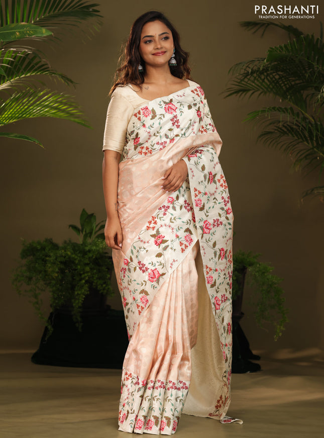 Peach Kanchipuram Silk saree with Floral Embroidery border
