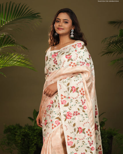 Peach Kanchipuram Silk saree with Floral Embroidery border