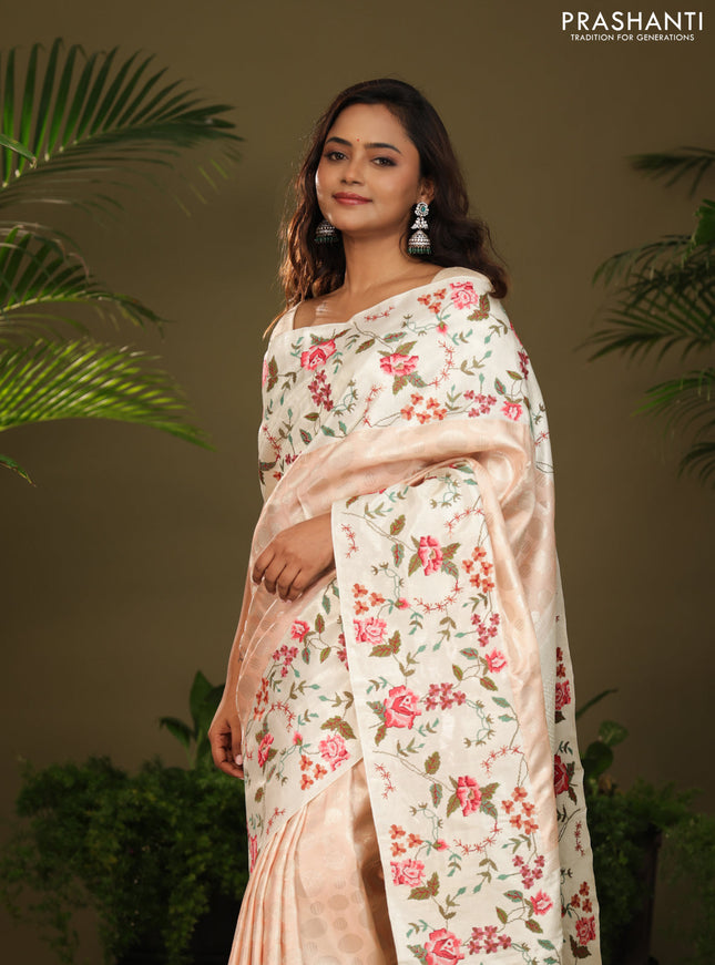 Peach Kanchipuram Silk saree with Floral Embroidery border