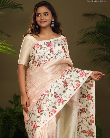 Peach Kanchipuram Silk saree with Floral Embroidery border