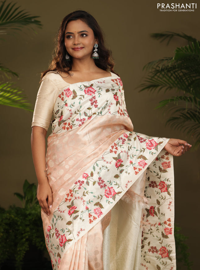 Peach Kanchipuram Silk saree with Floral Embroidery border