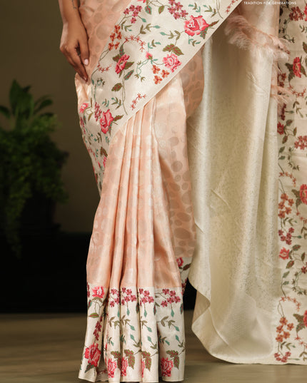 Peach Kanchipuram Silk saree with Floral Embroidery border