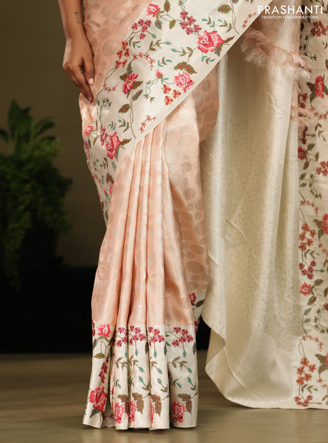 Peach Kanchipuram Silk saree with Floral Embroidery border