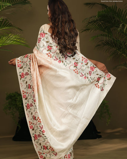 Peach Kanchipuram Silk saree with Floral Embroidery border