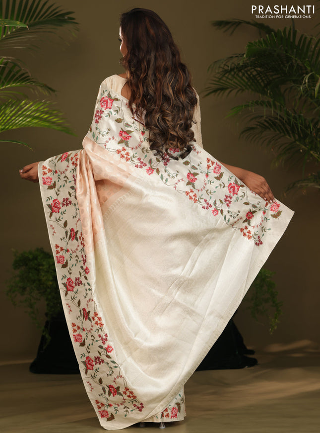 Peach Kanchipuram Silk saree with Floral Embroidery border