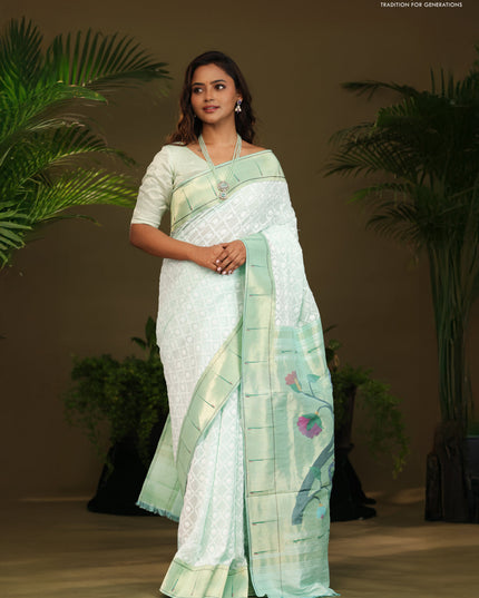 Pastel green Georgette Saree with Chikankari Work & paithani pallu