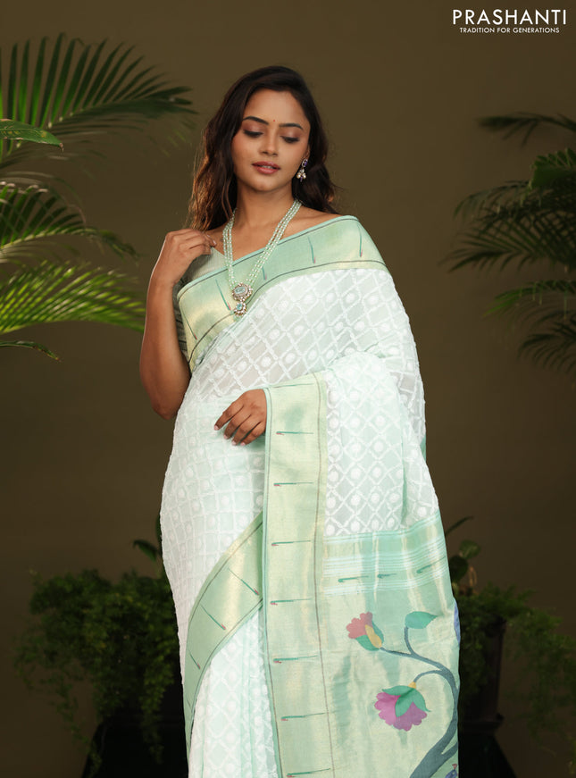 Pastel green Georgette Saree with Chikankari Work & paithani pallu