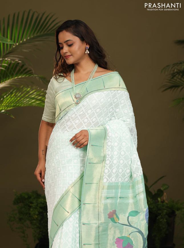 Pastel green Georgette Saree with Chikankari Work & paithani pallu