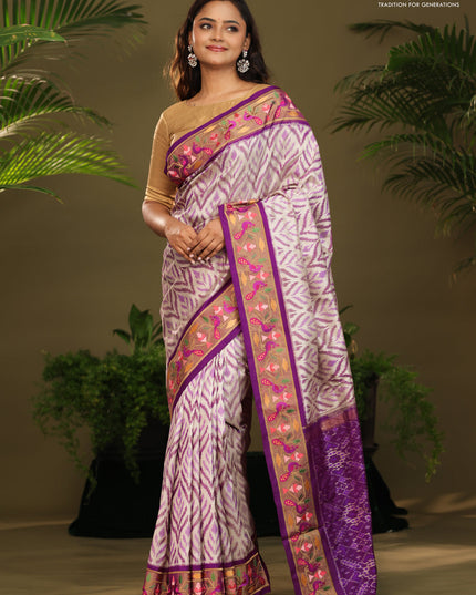 Off white & Purple Pochampally Silk saree with Border Embroidery