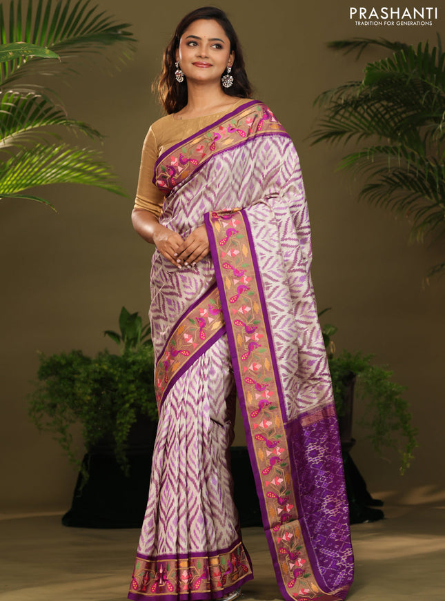 Off white & Purple Pochampally Silk saree with Border Embroidery