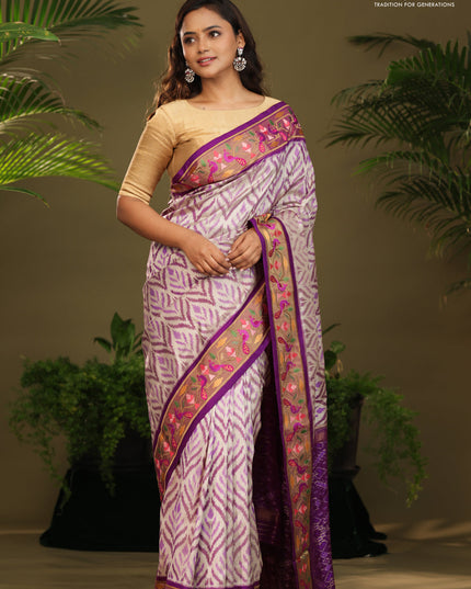 Off white & Purple Pochampally Silk saree with Border Embroidery