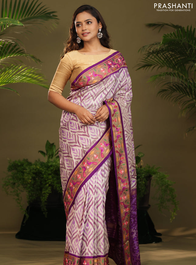 Off white & Purple Pochampally Silk saree with Border Embroidery