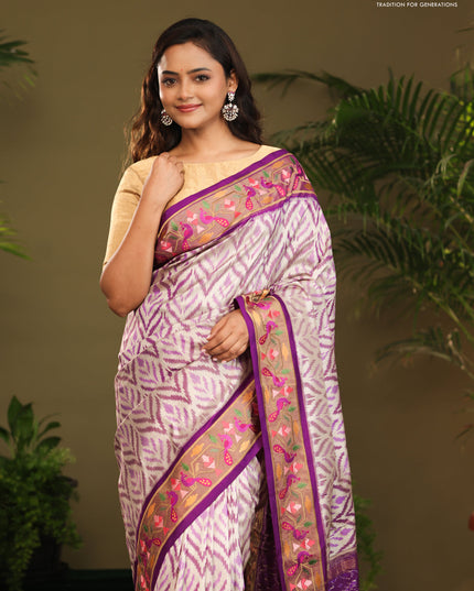 Off white & Purple Pochampally Silk saree with Border Embroidery