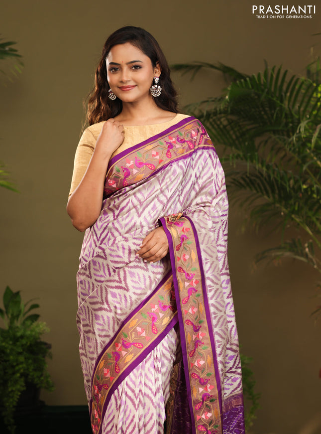 Off white & Purple Pochampally Silk saree with Border Embroidery