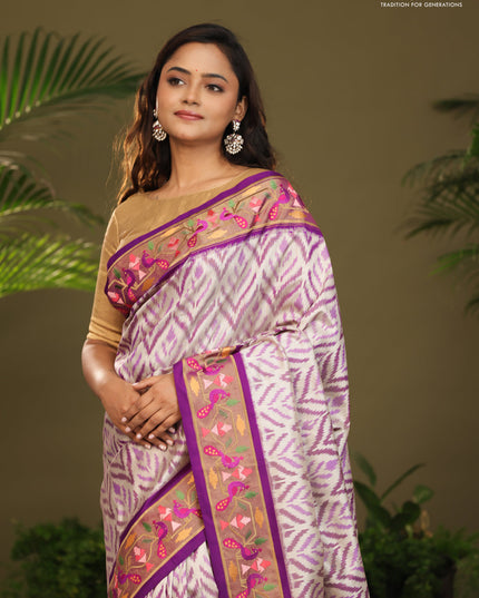 Off white & Purple Pochampally Silk saree with Border Embroidery