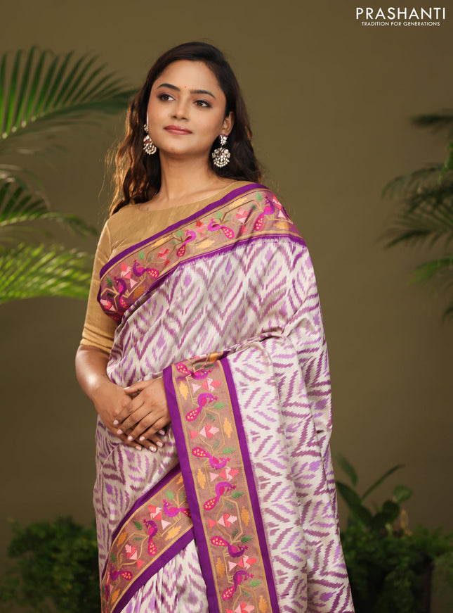 Off white & Purple Pochampally Silk saree with Border Embroidery