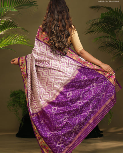 Off white & Purple Pochampally Silk saree with Border Embroidery