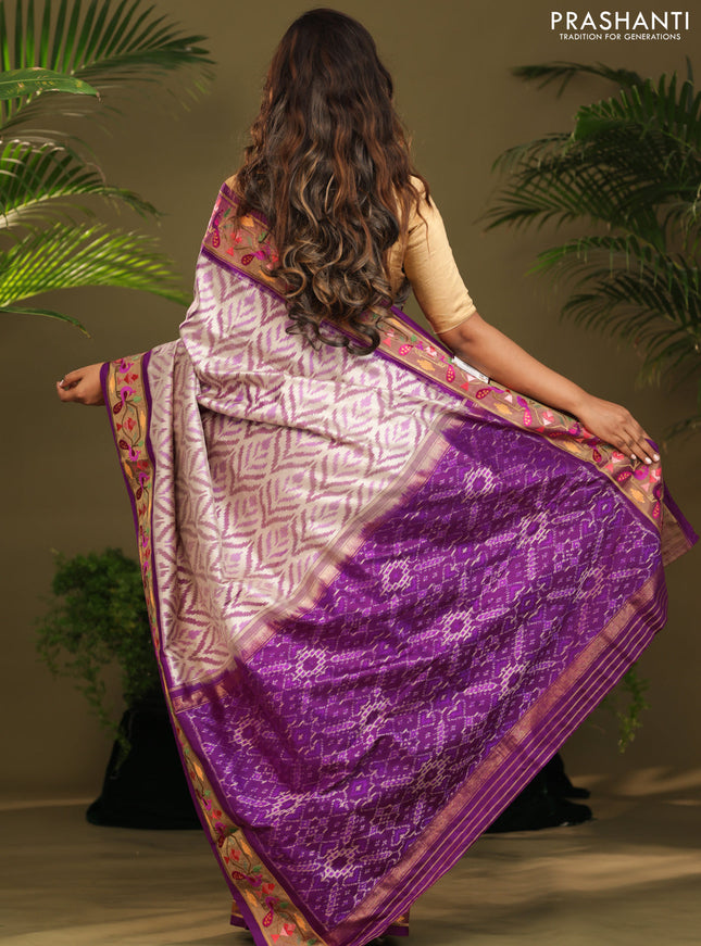 Off white & Purple Pochampally Silk saree with Border Embroidery