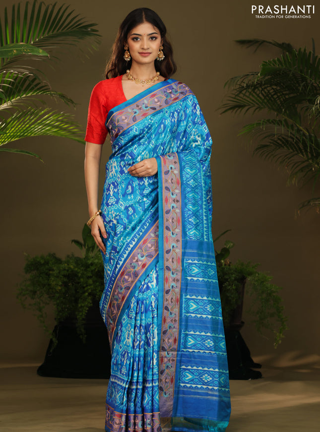 Dual shade of blue Pochampally Silk with Border Embroidery
