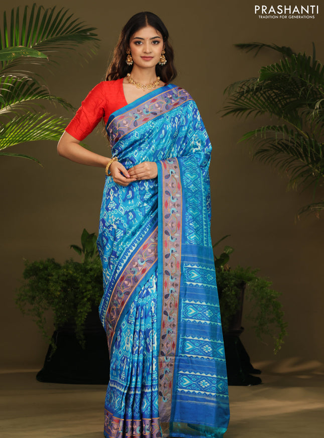 Dual shade of blue Pochampally Silk with Border Embroidery
