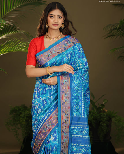 Dual shade of blue Pochampally Silk with Border Embroidery