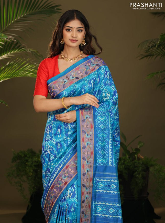 Dual shade of blue Pochampally Silk with Border Embroidery