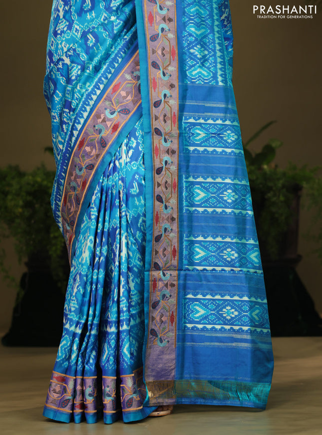 Dual shade of blue Pochampally Silk with Border Embroidery
