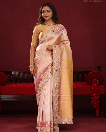 Golden tissue kanchipuram silk saree with allover zari weaves & border embroidery