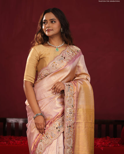Golden tissue kanchipuram silk saree with allover zari weaves & border embroidery