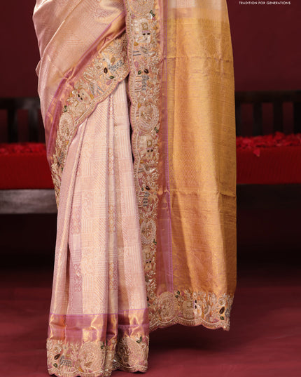 Golden tissue kanchipuram silk saree with allover zari weaves & border embroidery