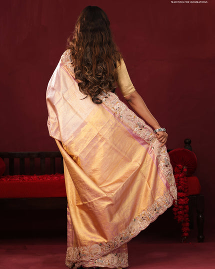 Golden tissue kanchipuram silk saree with allover zari weaves & border embroidery