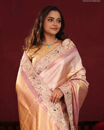 Golden tissue kanchipuram silk saree with allover zari weaves & border embroidery